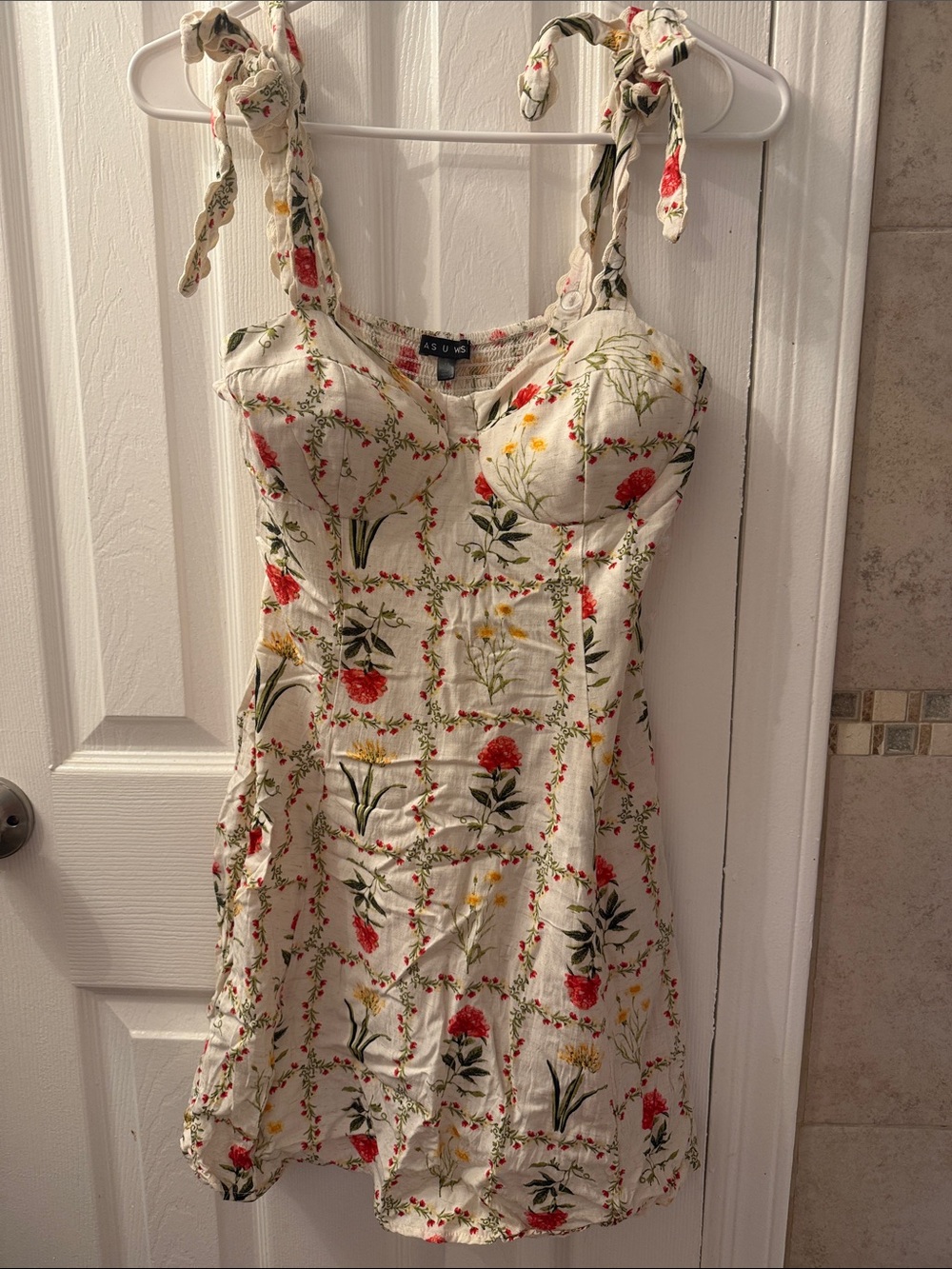 As U Wish Cream Floral Tie-Shoulder Mini Dress with Red Accents